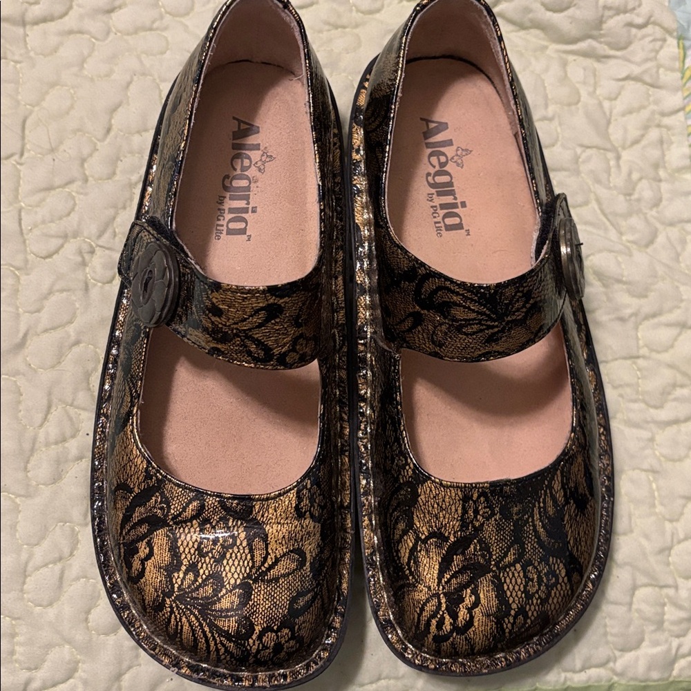 Alegria Black and Gold Floral Mary Janes